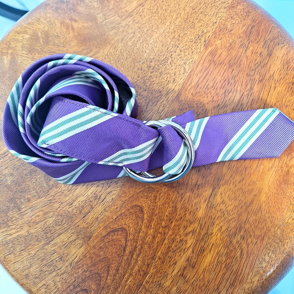 J. Crew Purple And Green Stripe Silk Tie Double D Ring Belt
